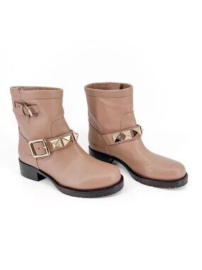 Valentino Rockstud Beige Leather Moto Ankle Boots Size 36.5 US 6.5 Women's